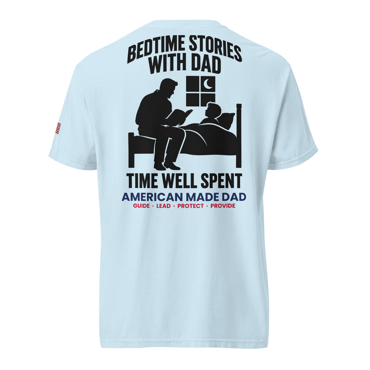 Bedtime Stories With Dad t-shirt back design, Chambray