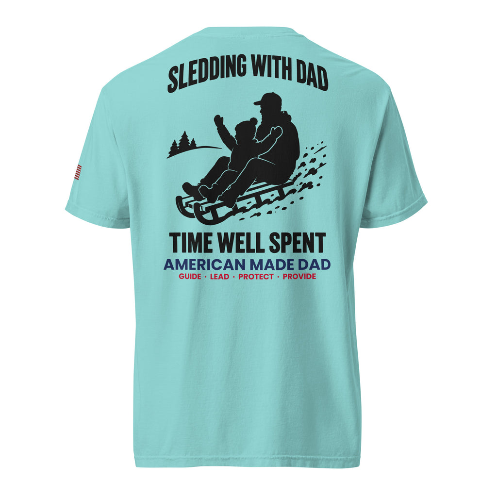 Sledding With Dad t-shirt back design, Lagoon Blue