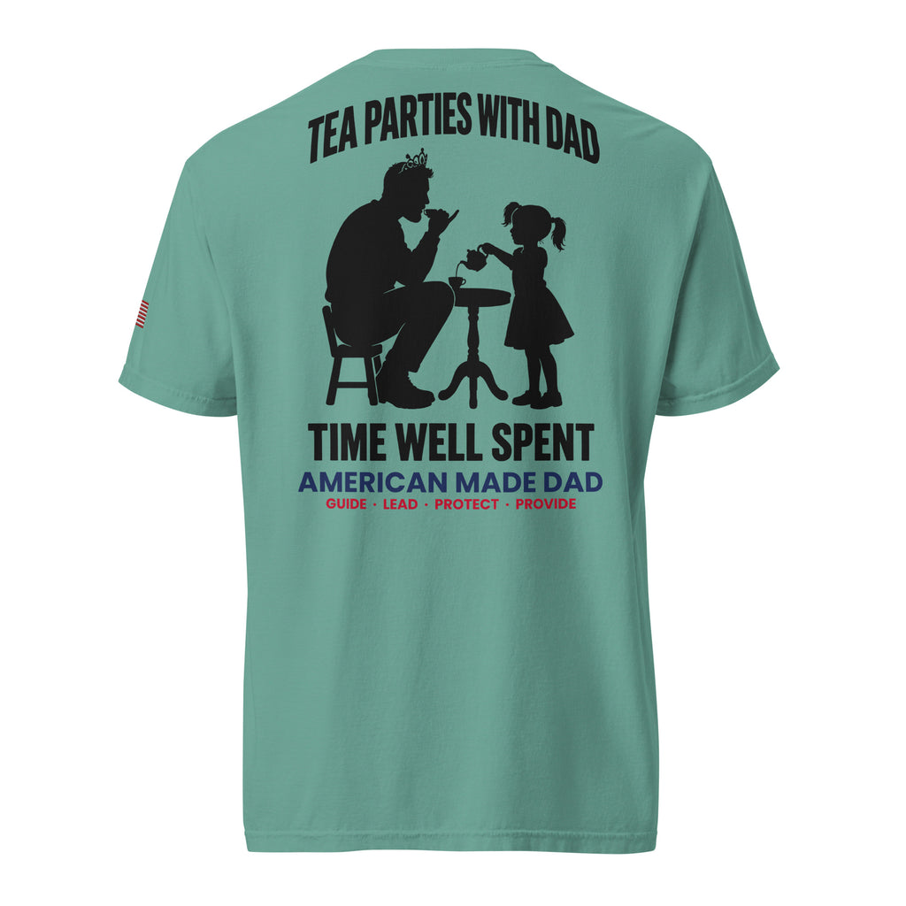 Tea Parties With Dad t-shirt back design, Seafoam