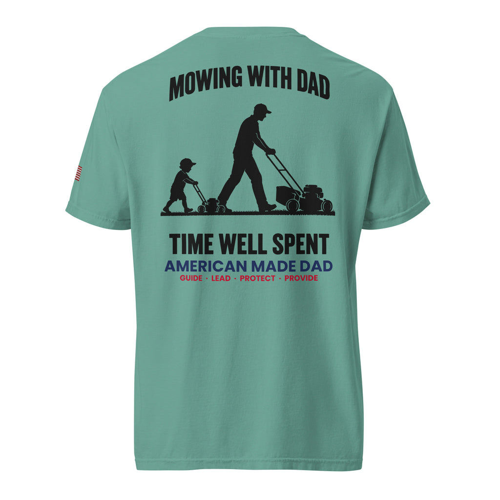 Mowing With Dad t-shirt back design, Seafoam