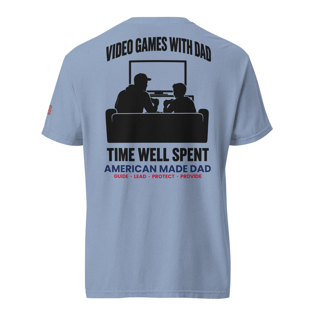 Video Games With Dad t-shirt back design, Washed Denim