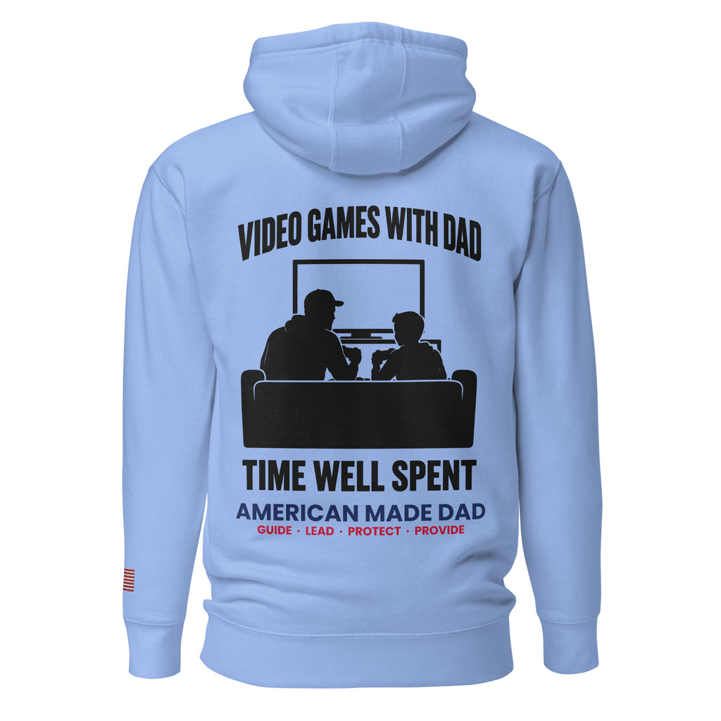 Video Games With Dad hoodie back design, Carolina Blue