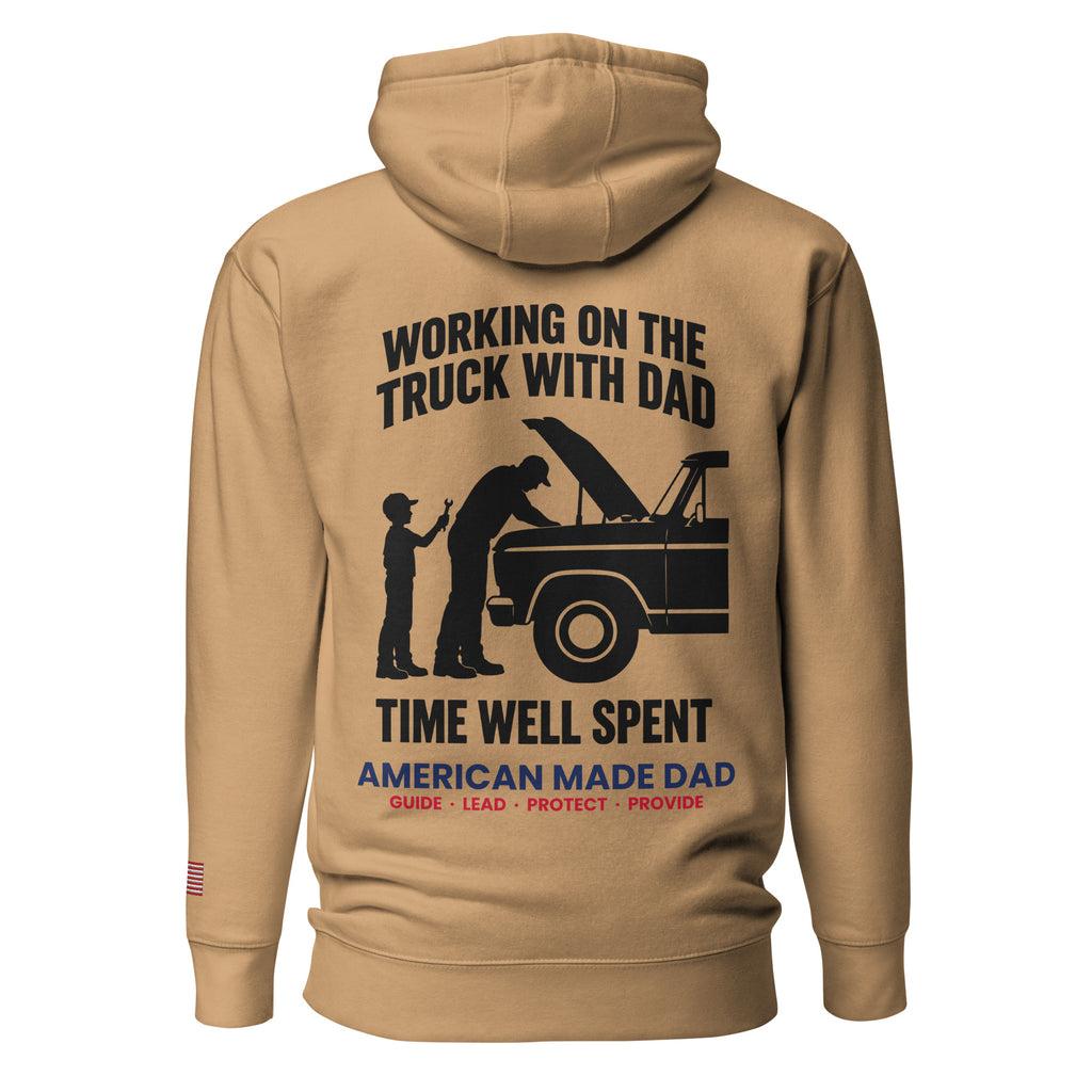 Working On The Truck With Dad hoodie back design, Khaki