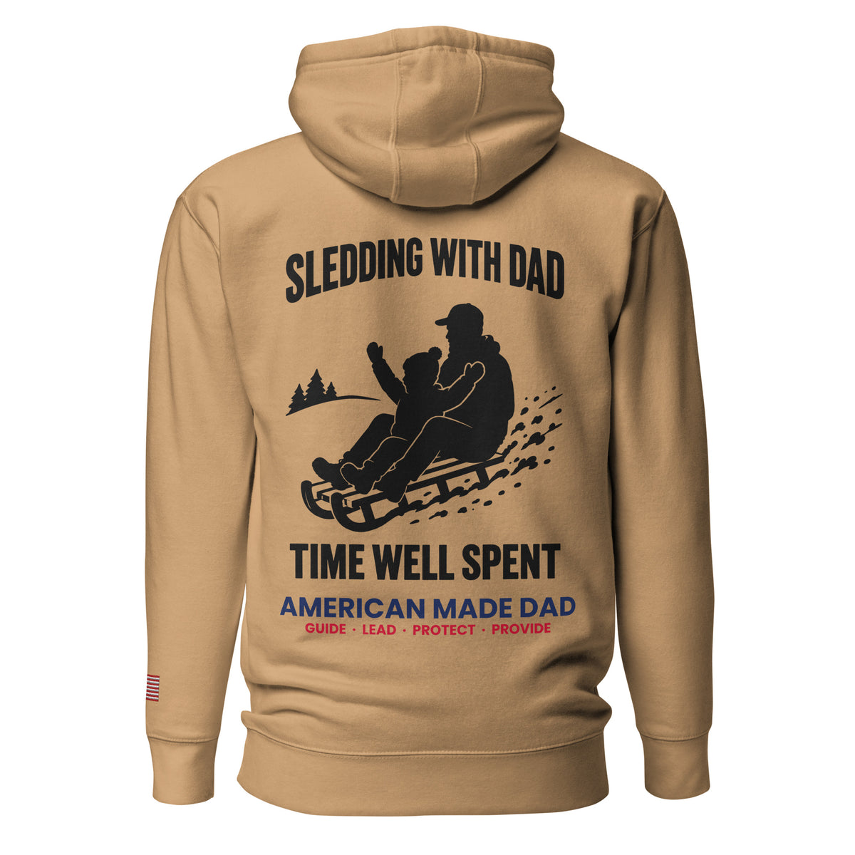 Sledding With Dad hoodie back design, Khaki