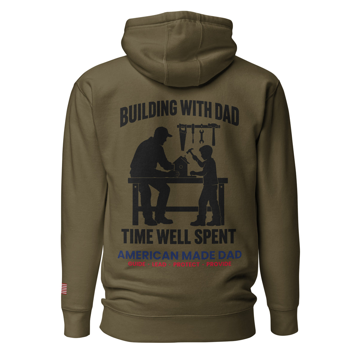 Building With Dad hoodie back design, Military Green