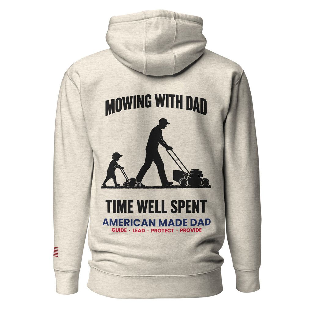 Mowing With Dad hoodie back design, Oatmeal Heather
