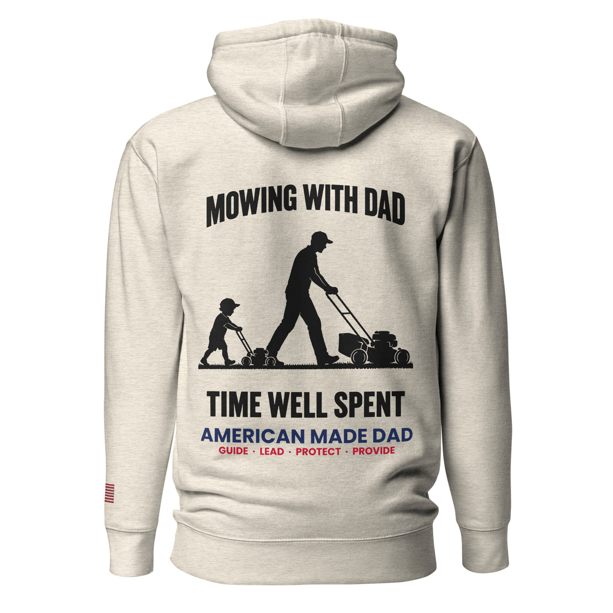 Mowing With Dad hoodie back design, Oatmeal Heather
