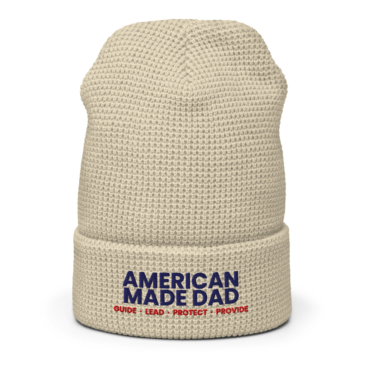 Birch waffle knit beanie shown flat with the embroidered American Made Dad compass