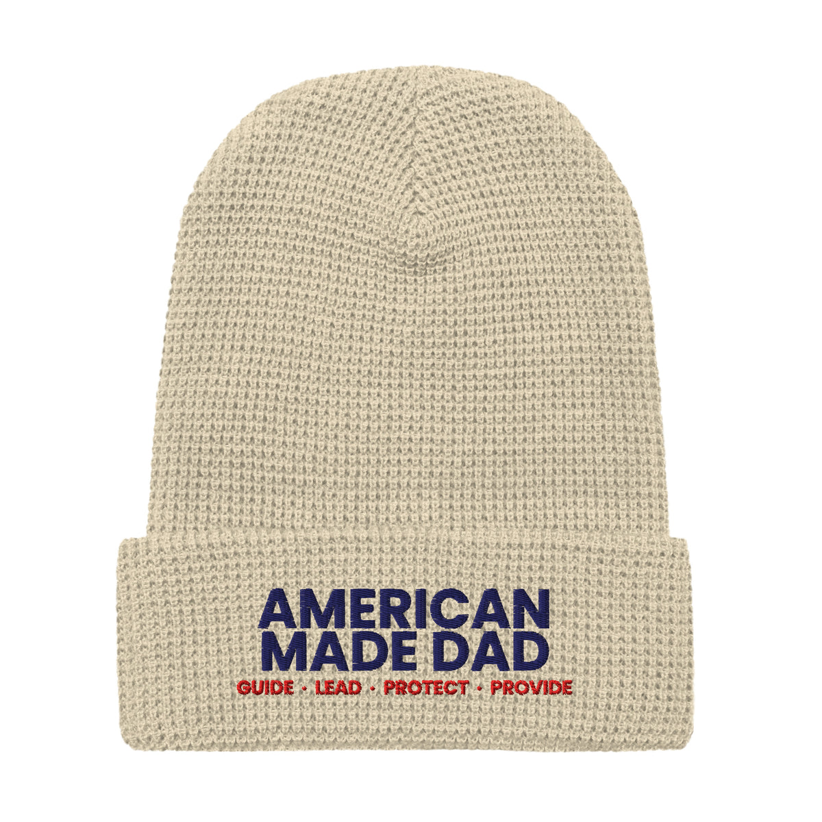 Front of a birch waffle knit beanie with the embroidered American Made Dad compass