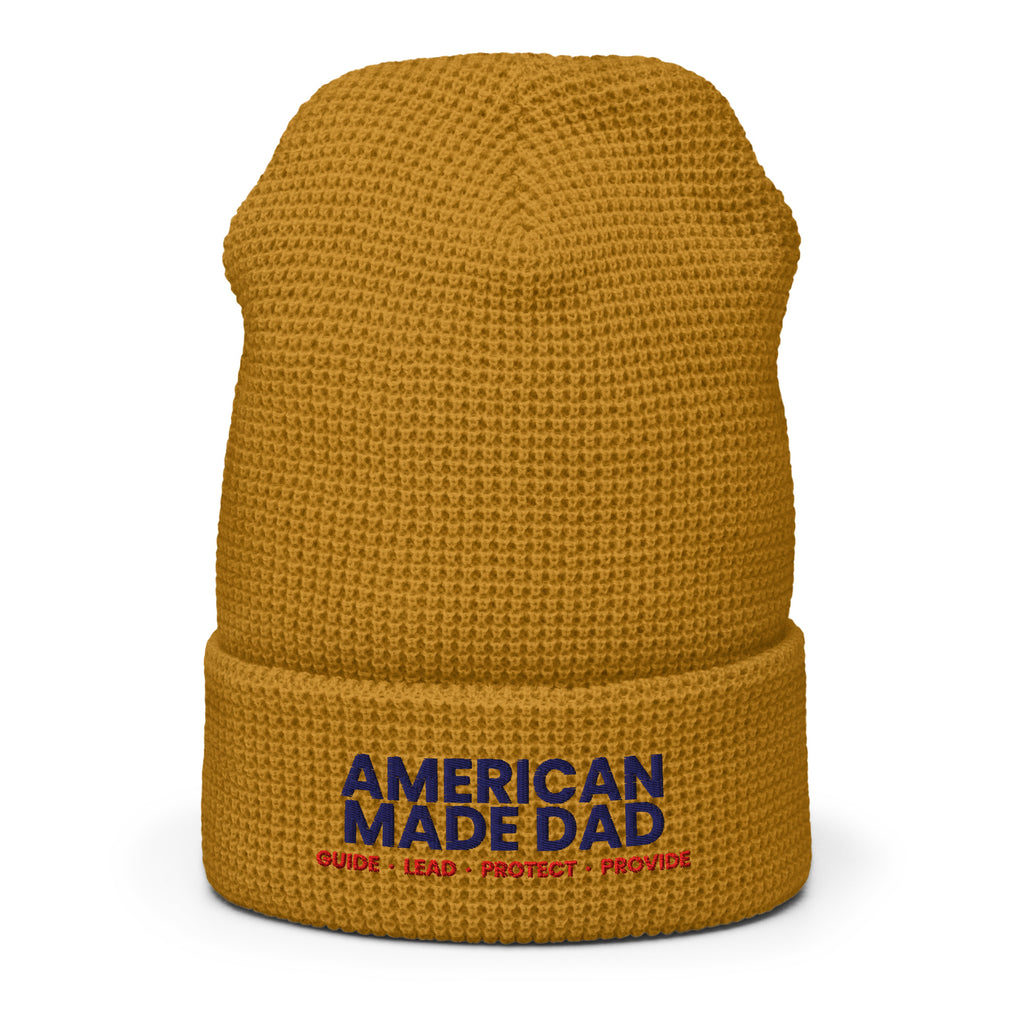 Camel waffle knit beanie shown flat with the embroidered American Made Dad compass