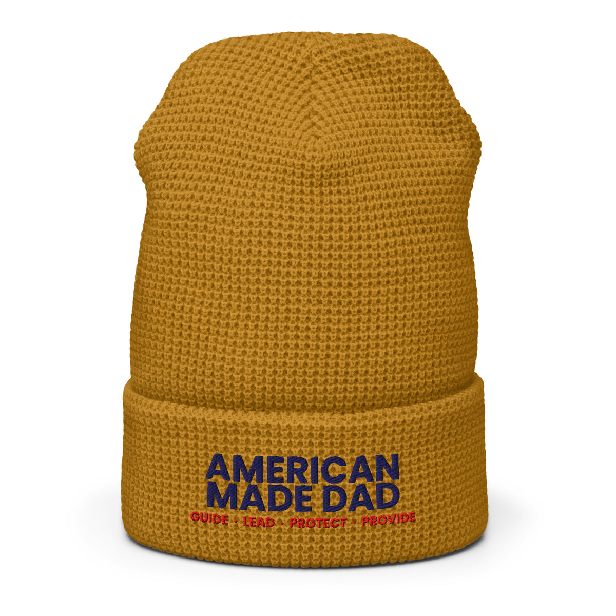 Camel waffle knit beanie shown flat with the embroidered American Made Dad compass