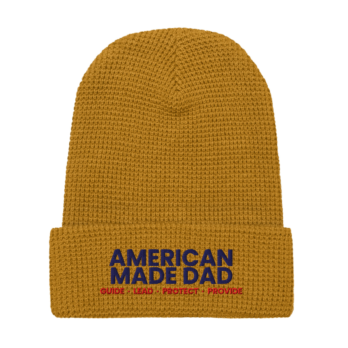 Front of a camel waffle knit beanie with the embroidered American Made Dad compass