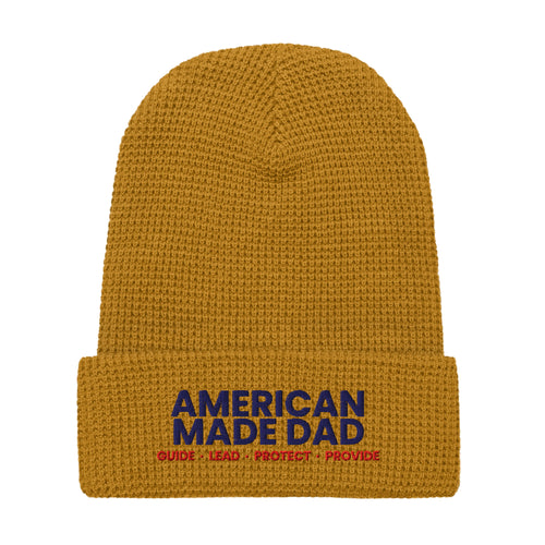 Front of a camel waffle knit beanie with the embroidered American Made Dad compass