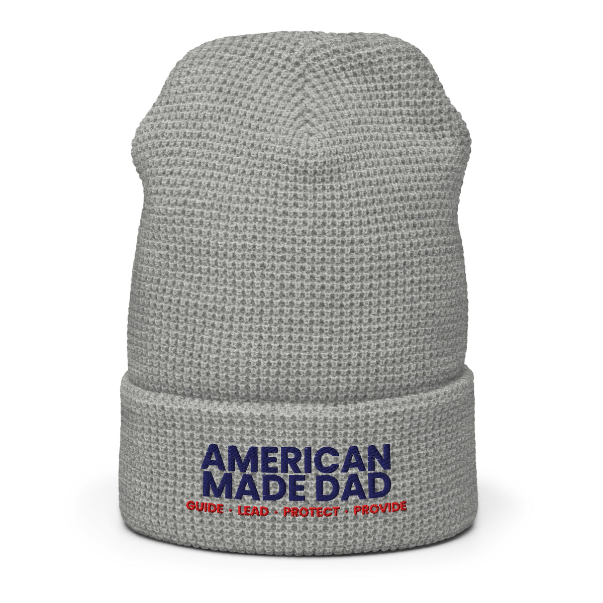 Heather grey waffle knit beanie shown flat with the embroidered American Made Dad compass
