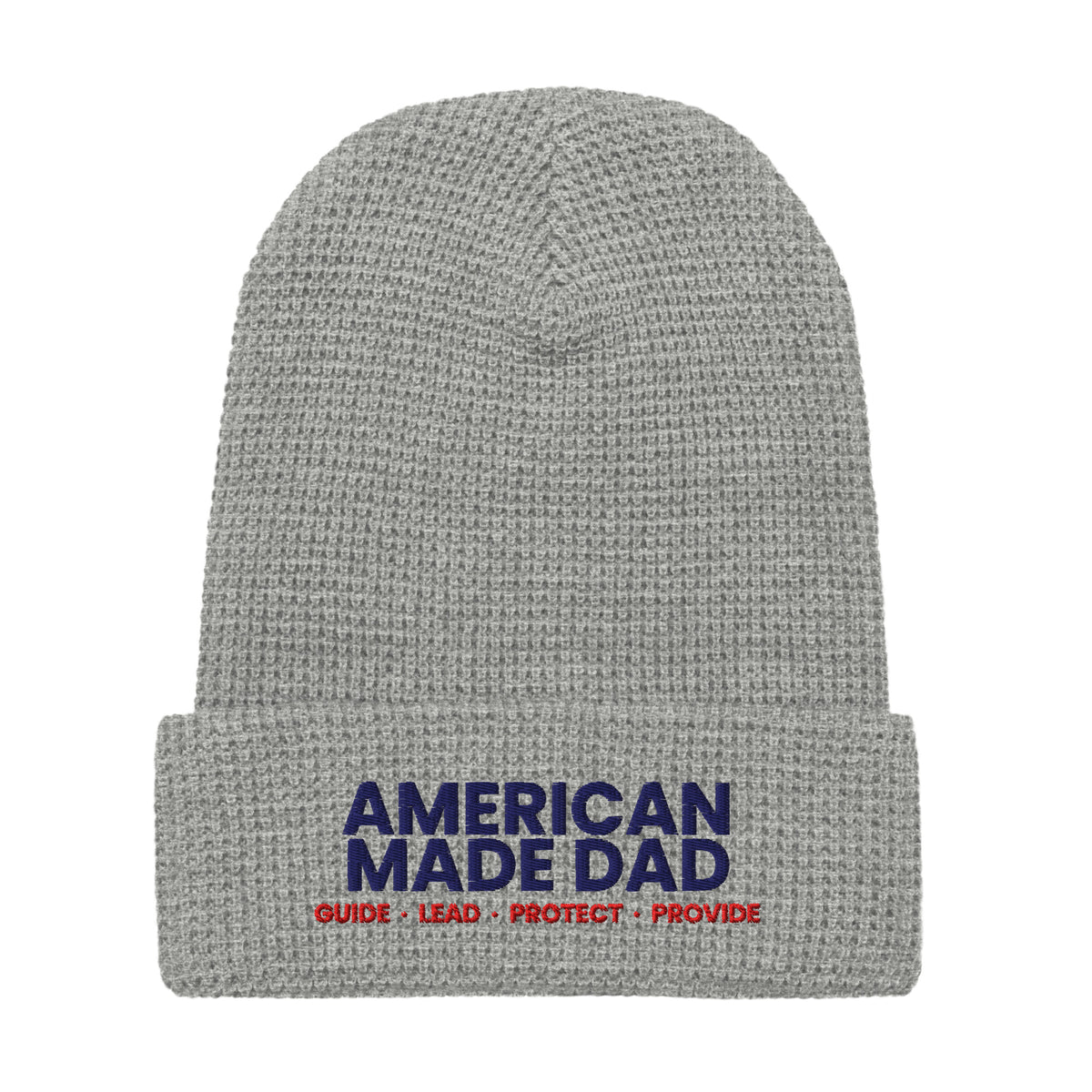 Front of a heather grey waffle knit beanie with the embroidered American Made Dad compass