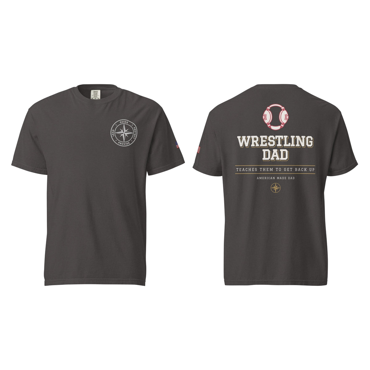 Wrestling Dad tee in Graphite, front and back