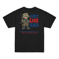 Back of a black youth t-shirt with the Just Like Dad fisherman artwork printed across it