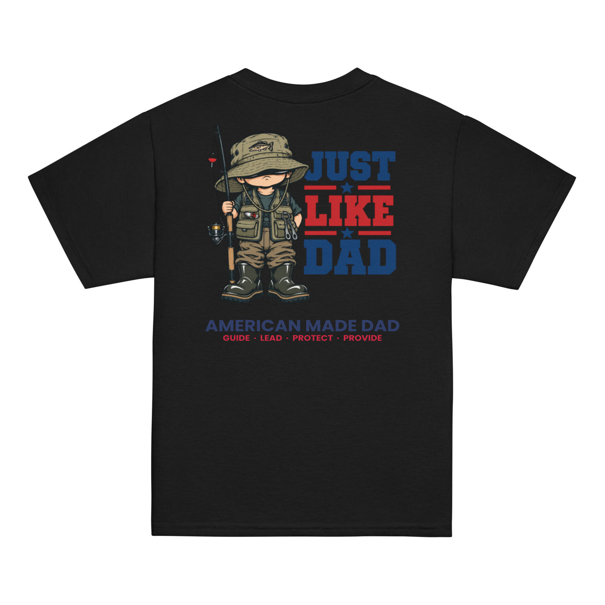 Back of a black youth t-shirt with the Just Like Dad fisherman artwork printed across it