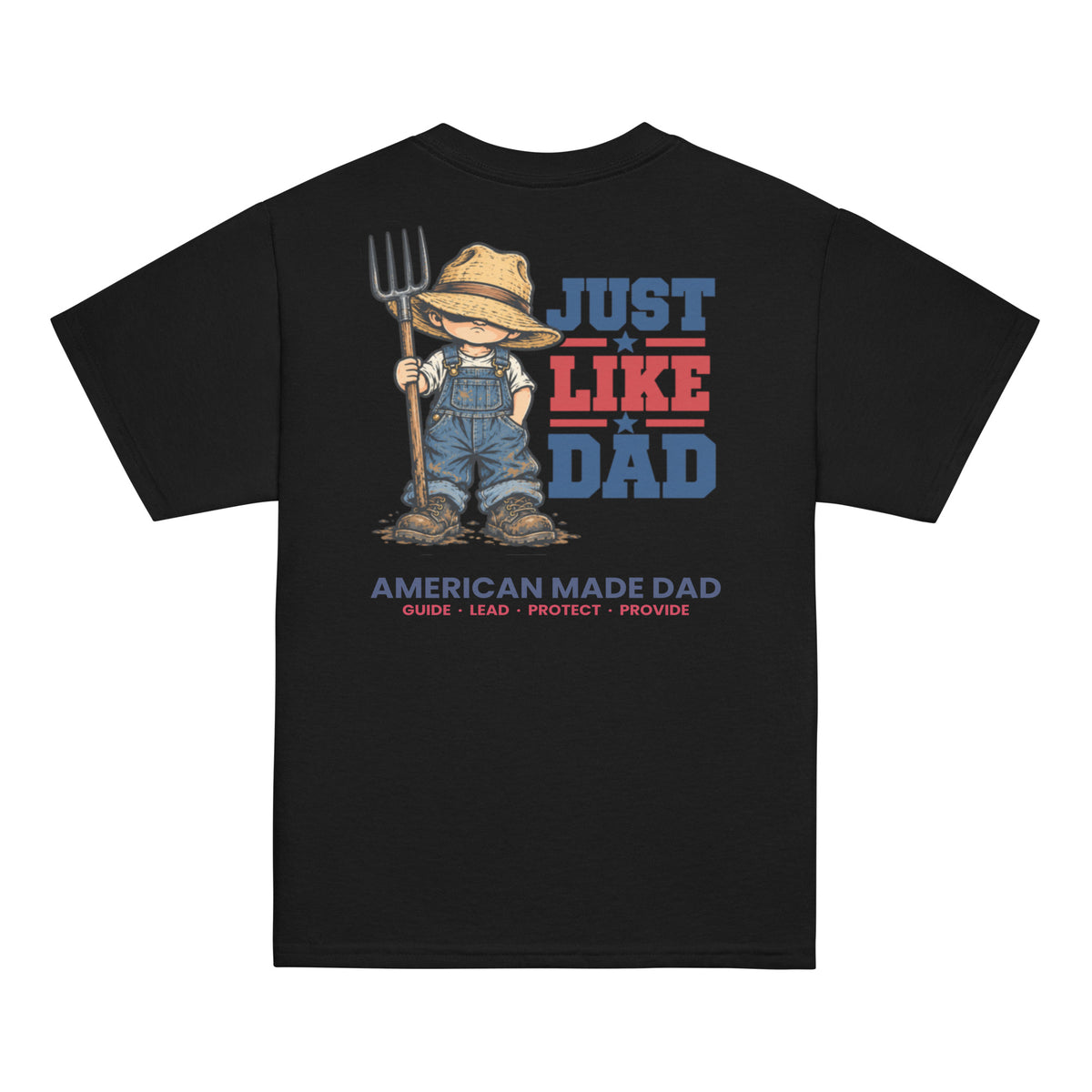 Back of a black youth t-shirt with the Just Like Dad farmer artwork printed across it
