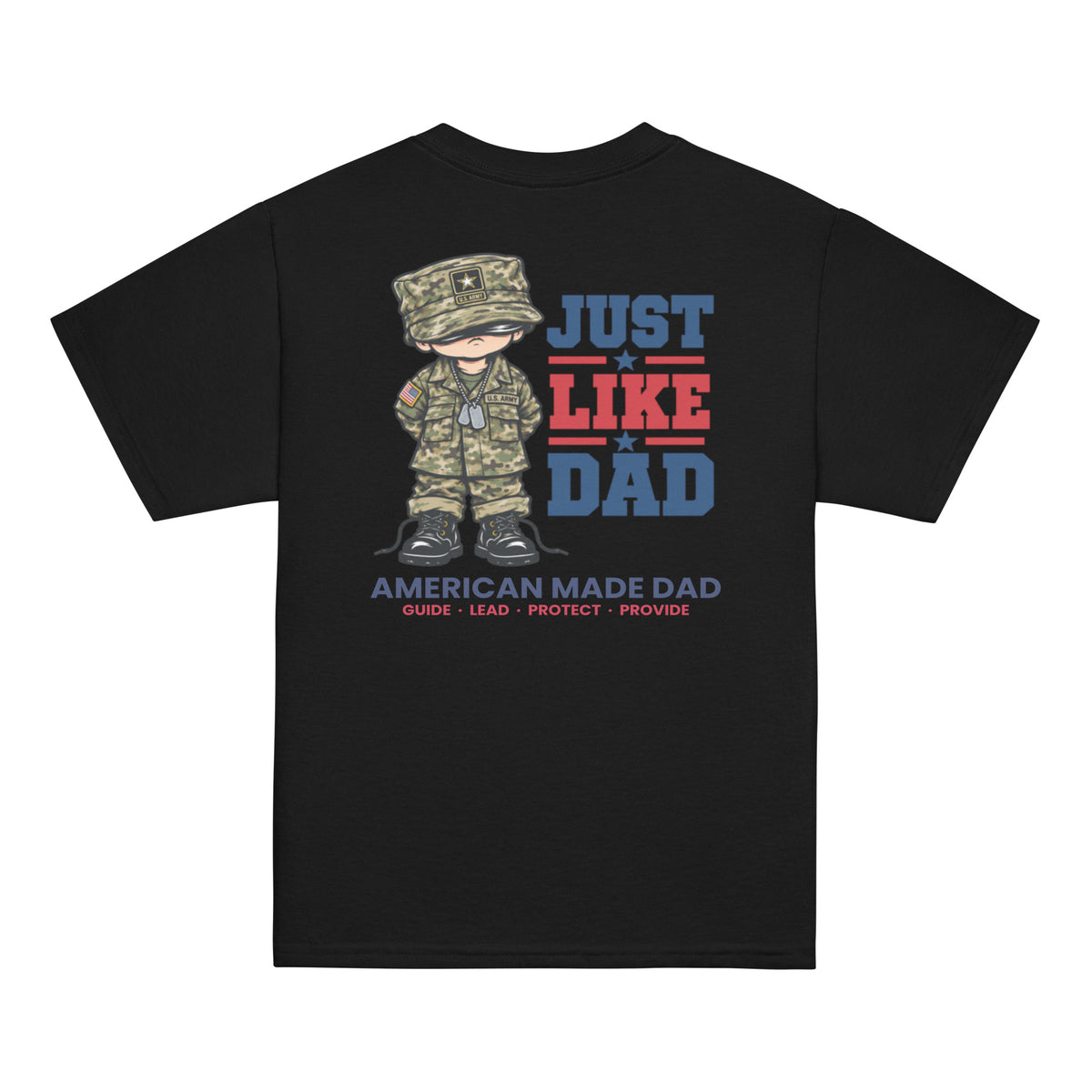 Back of a black youth t-shirt with the Just Like Dad Army artwork printed across it