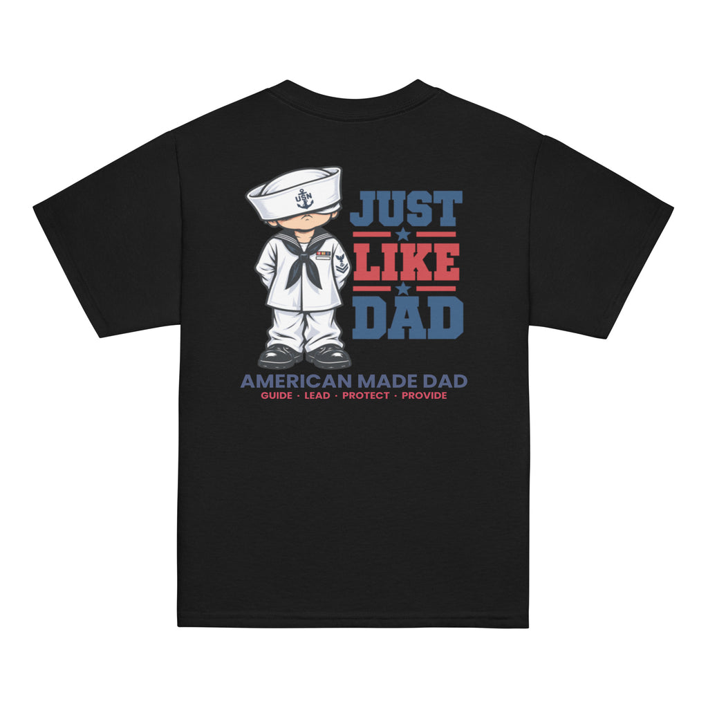 Back of a black youth t-shirt with the Just Like Dad Navy artwork printed across it
