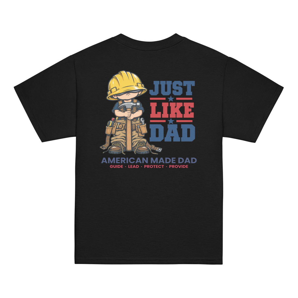 Back of a black youth t-shirt with the Just Like Dad construction worker artwork printed across it