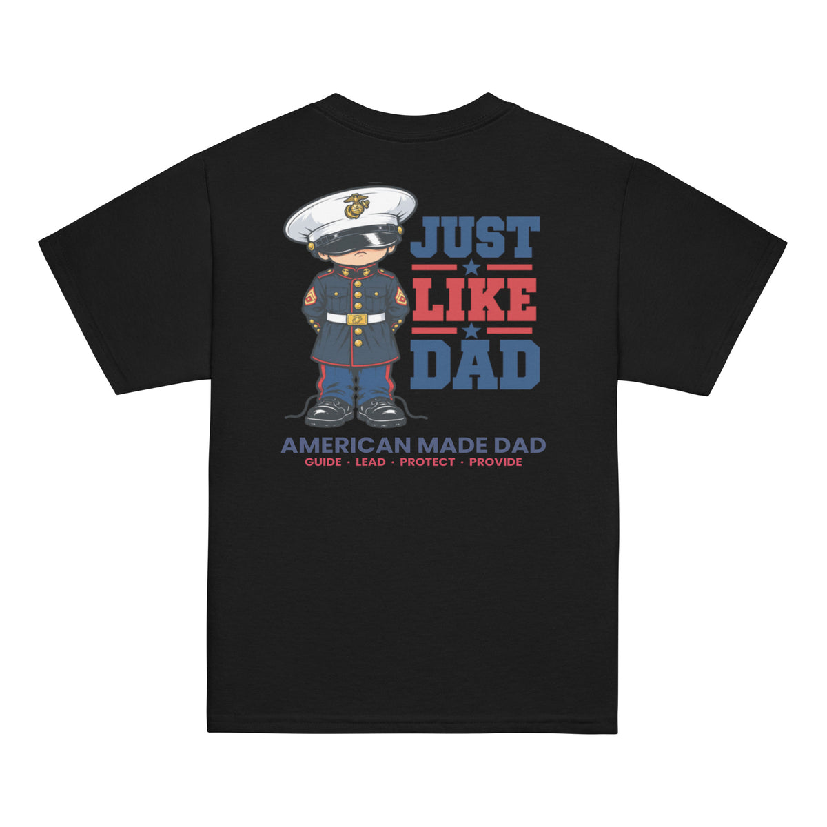 Back of a black youth t-shirt with the Just Like Dad Marines artwork printed across it