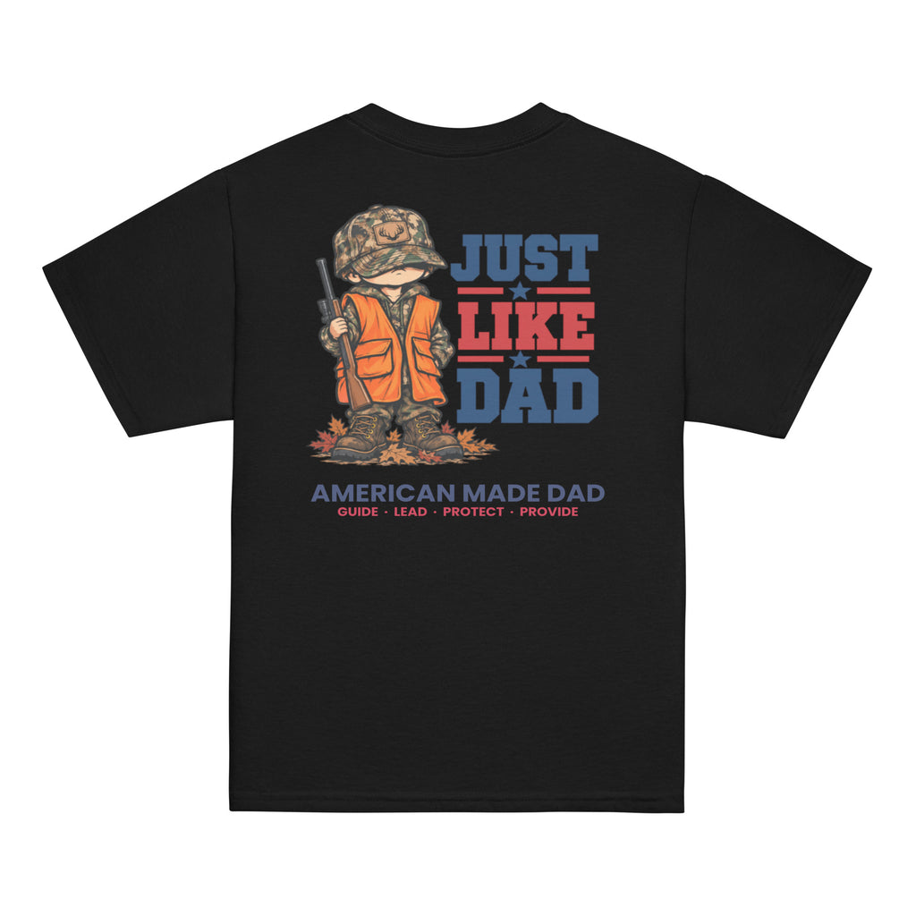Back of a black youth t-shirt with the Just Like Dad hunter artwork printed across it
