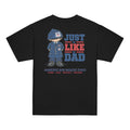 Back of a black youth t-shirt with the Just Like Dad Coast Guard artwork printed across it