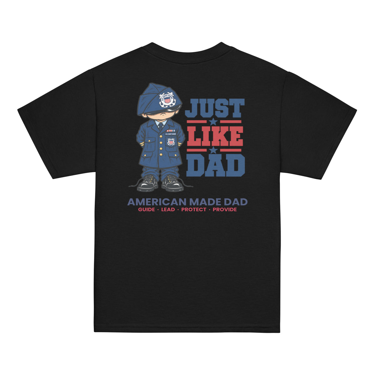 Back of a black youth t-shirt with the Just Like Dad Coast Guard artwork printed across it