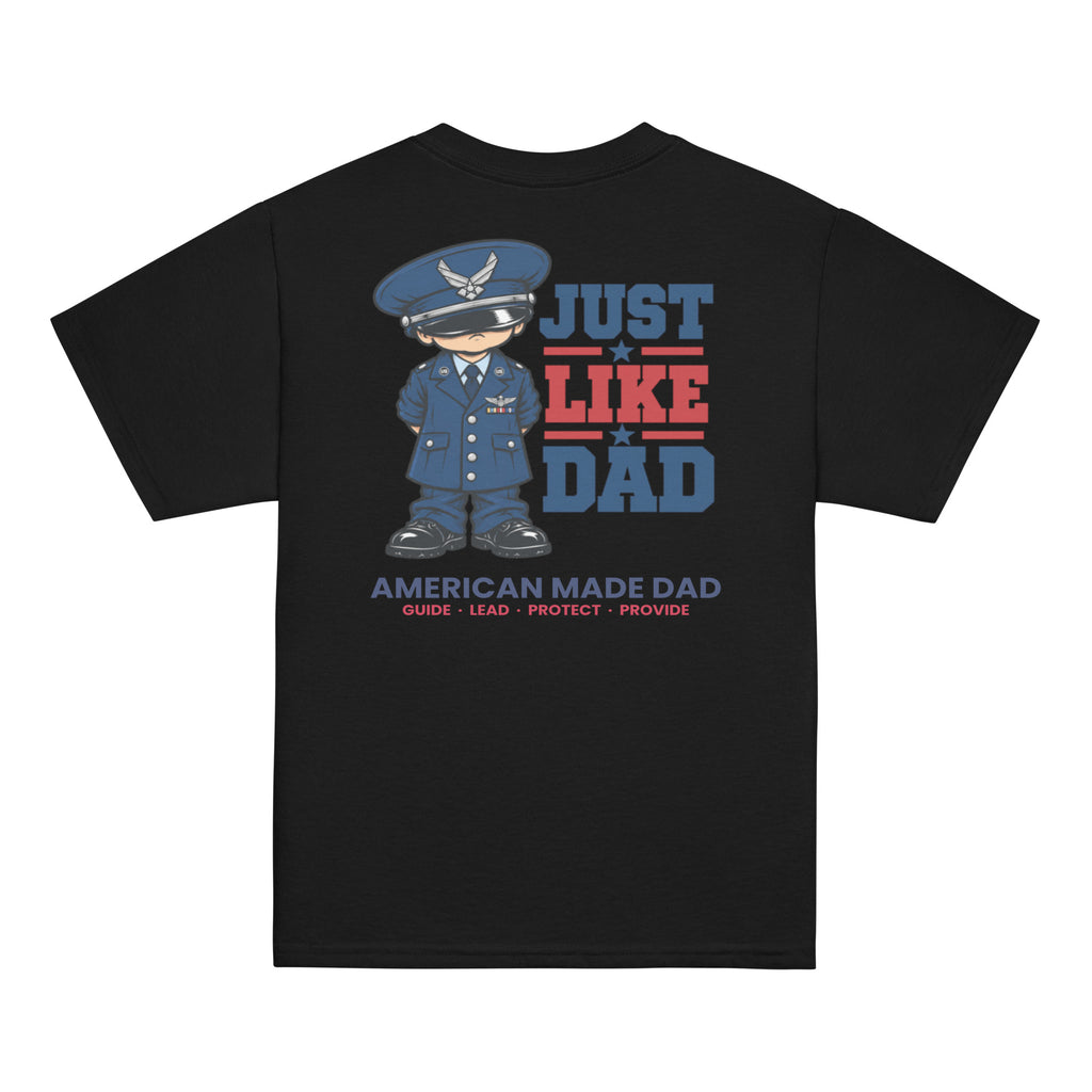 Back of a black youth t-shirt with the Just Like Dad Air Force artwork printed across it