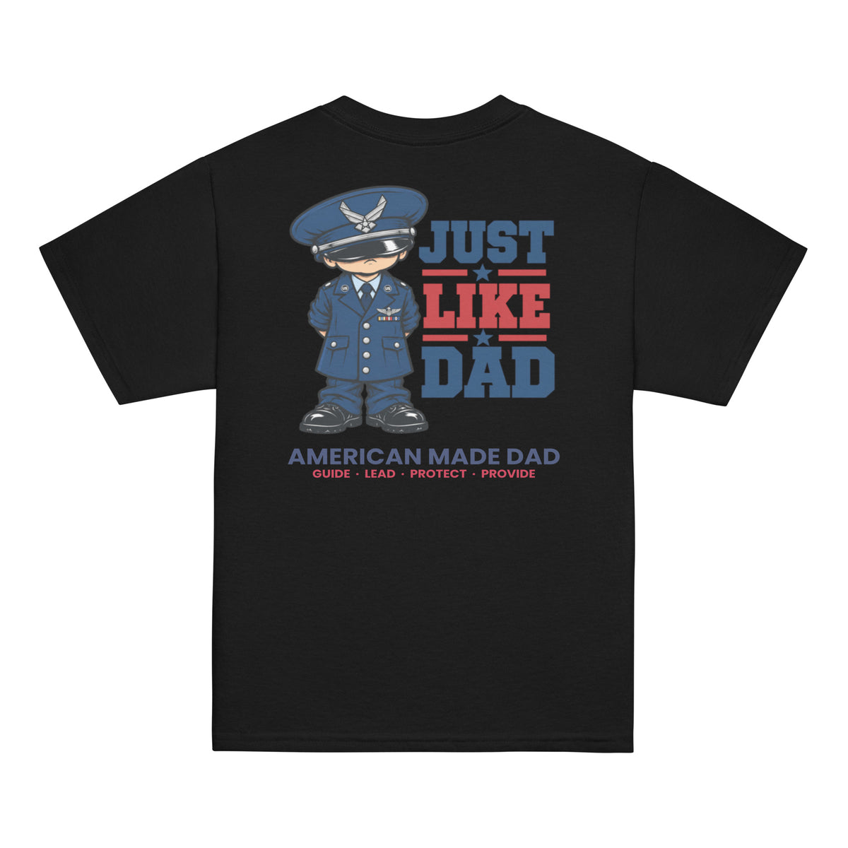 Back of a black youth t-shirt with the Just Like Dad Air Force artwork printed across it