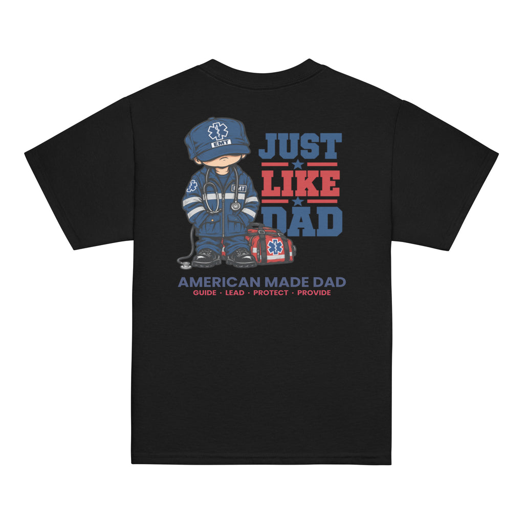Back of a black youth t-shirt with the Just Like Dad EMT artwork printed across it
