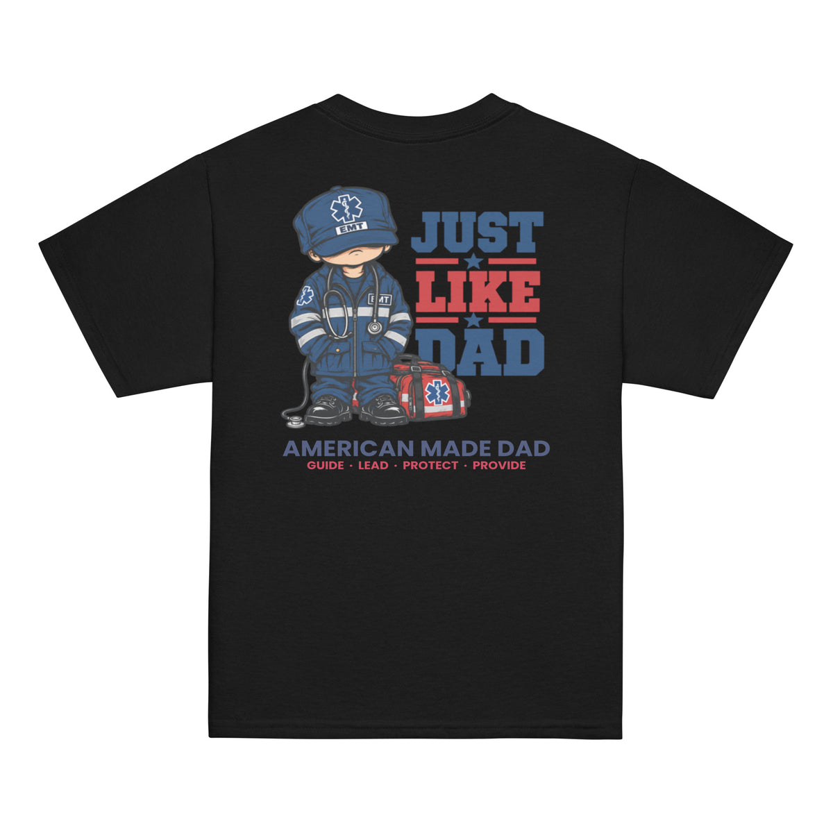 Back of a black youth t-shirt with the Just Like Dad EMT artwork printed across it