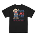 Back of a black youth t-shirt with the Just Like Dad rancher artwork printed across it