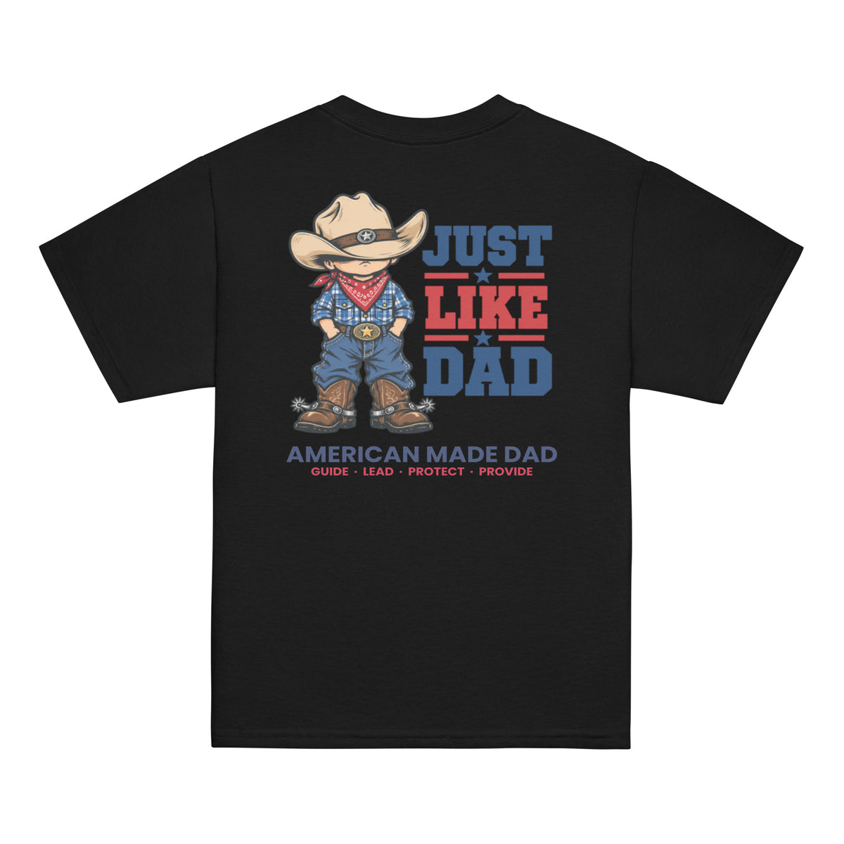 Back of a black youth t-shirt with the Just Like Dad rancher artwork printed across it