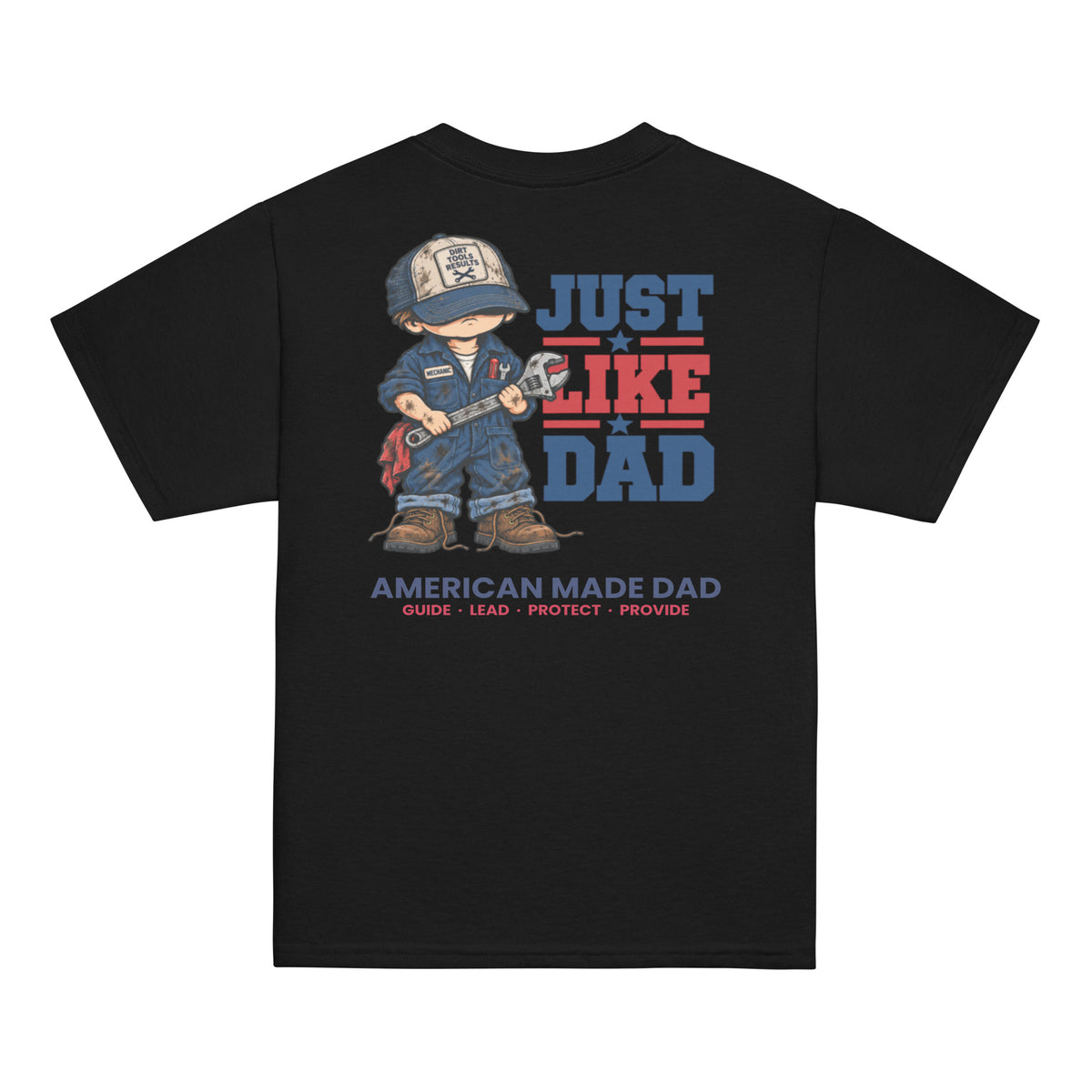 Back of a black youth t-shirt with the Just Like Dad mechanic artwork printed across it