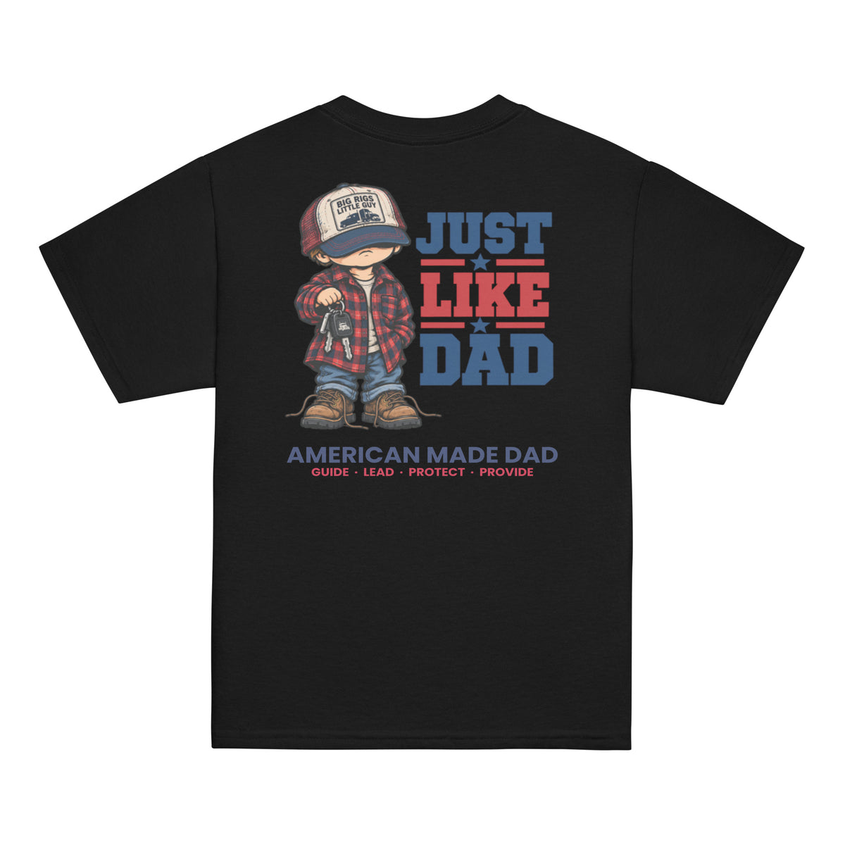 Back of a black youth t-shirt with the Just Like Dad trucker artwork printed across it