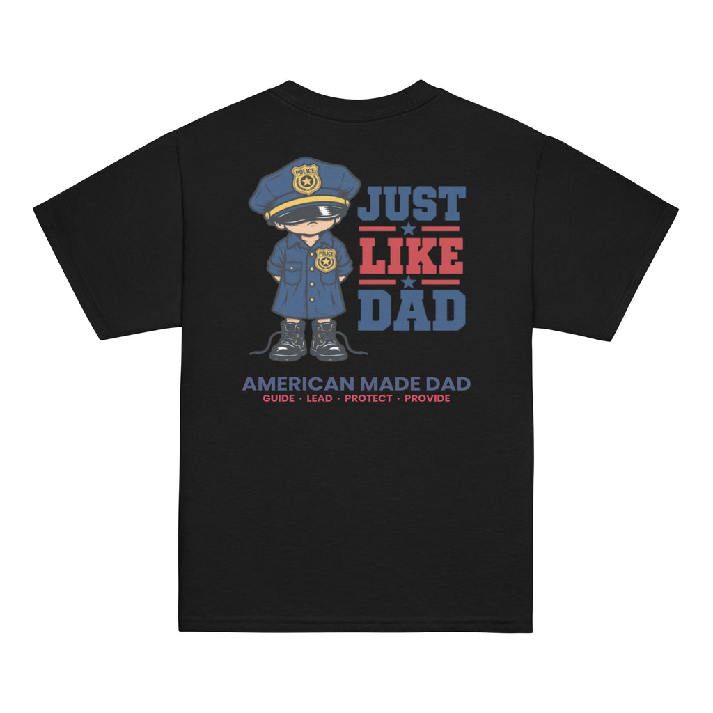 Back of a black youth t-shirt with the Just Like Dad police officer artwork printed across it