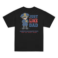 Back of a black youth t-shirt with the Just Like Dad police officer artwork printed across it
