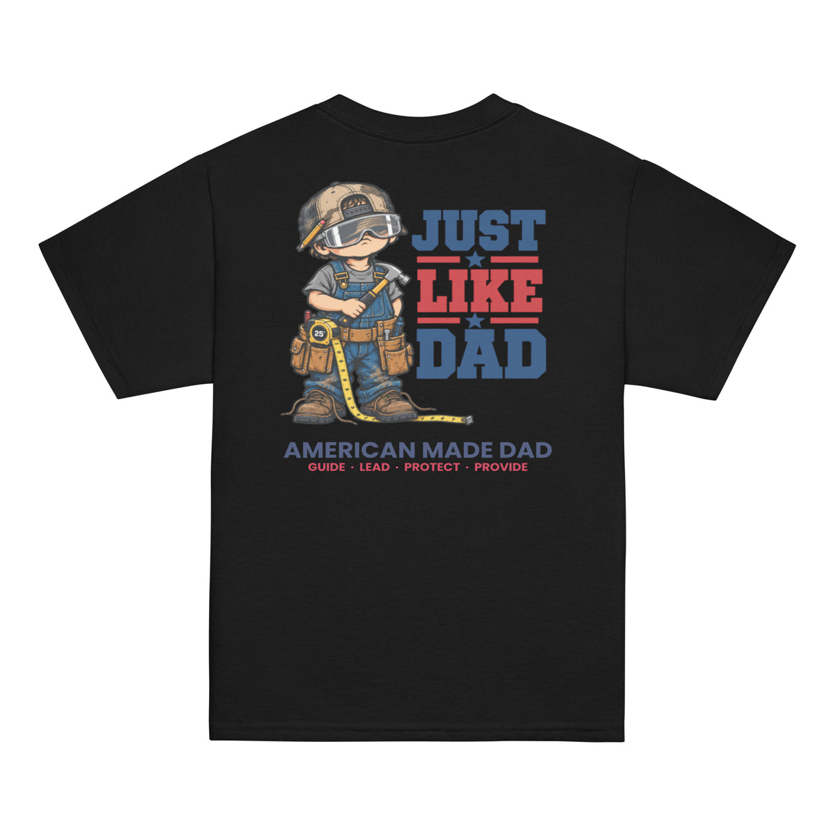 Back of a black youth t-shirt with the Just Like Dad carpenter artwork printed across it