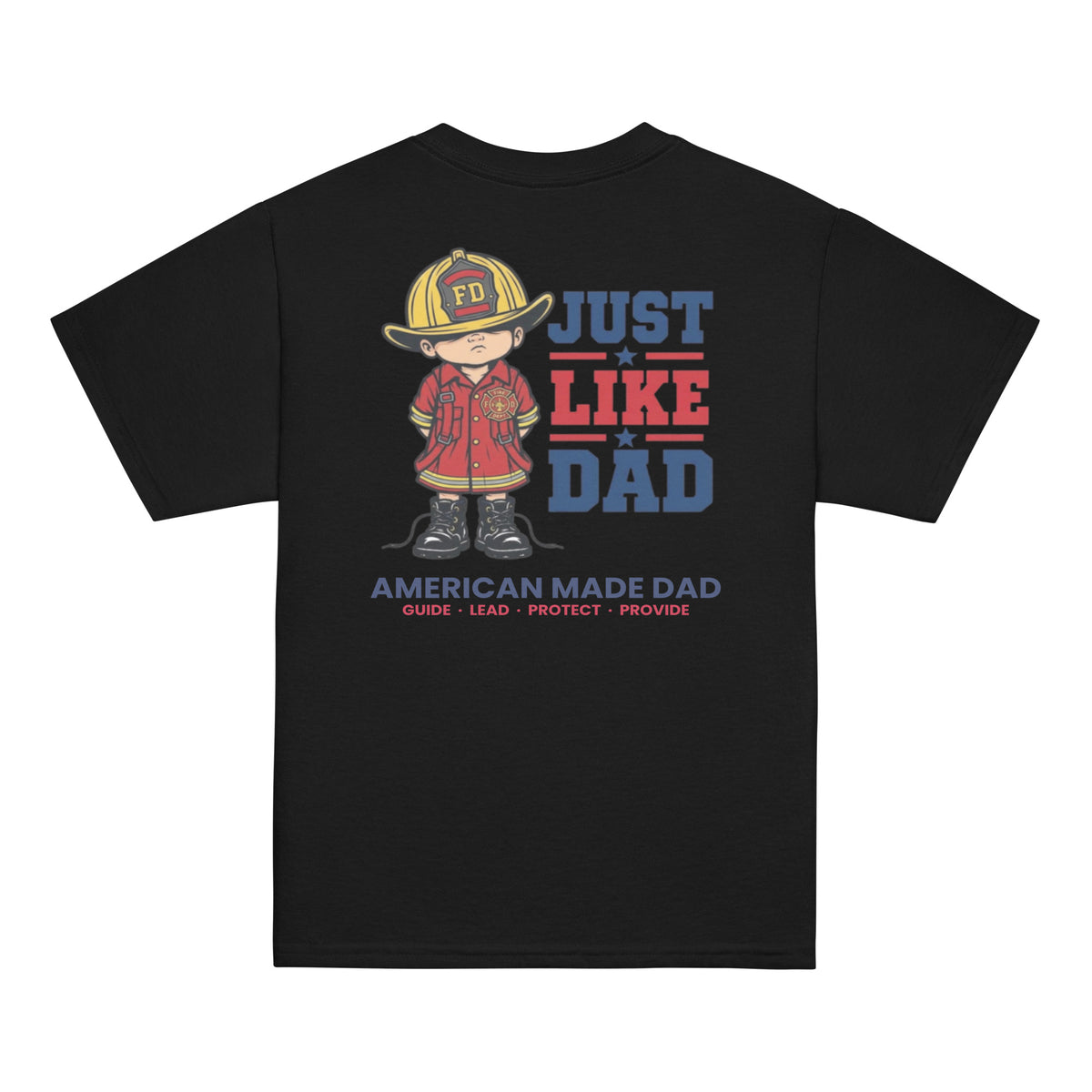 Back of a black youth t-shirt with the Just Like Dad firefighter artwork printed across it