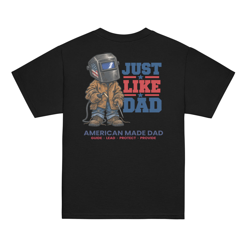 Back of a black youth t-shirt with the Just Like Dad welder artwork printed across it