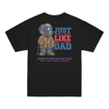 Back of a black youth t-shirt with the Just Like Dad welder artwork printed across it