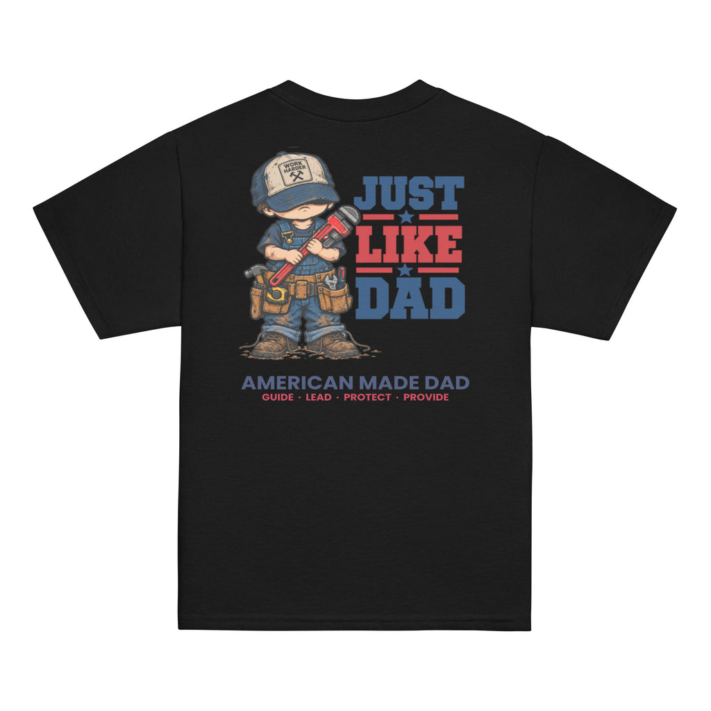 Back of a black youth t-shirt with the Just Like Dad plumber artwork printed across it