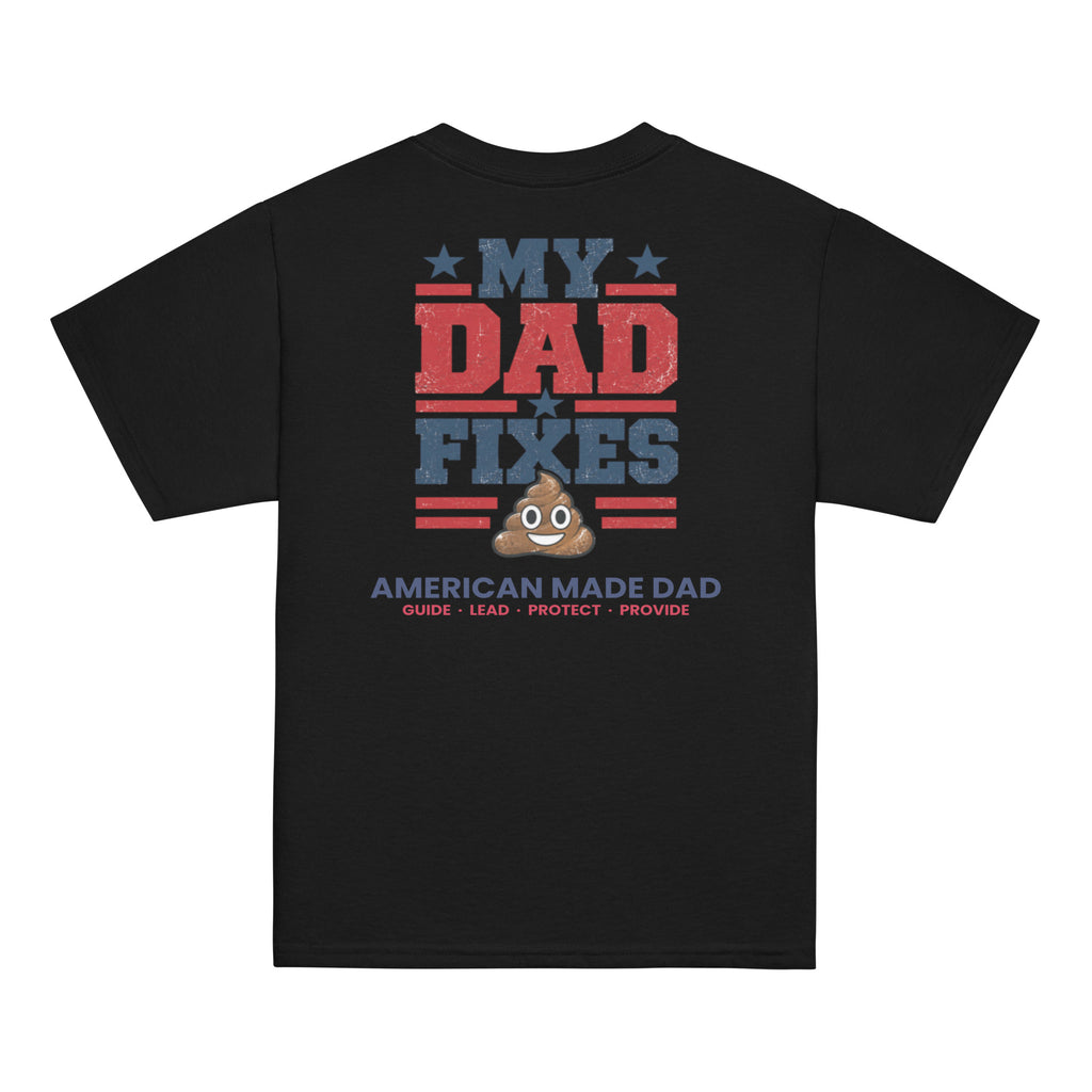 Back of a black youth t-shirt with the kids design printed across it
