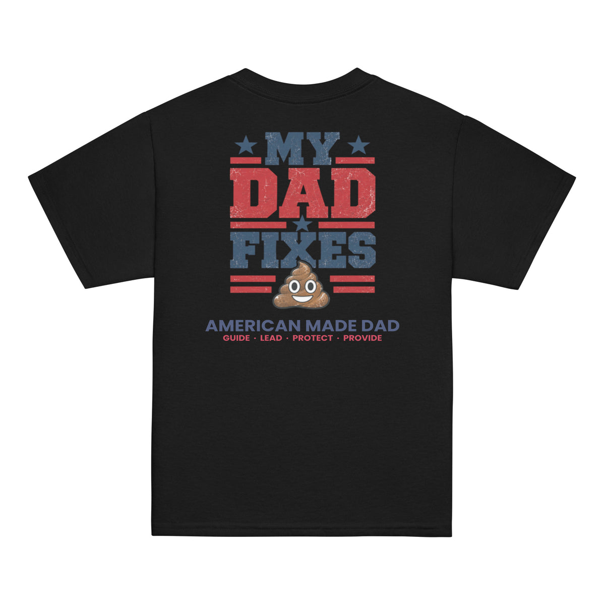Back of a black youth t-shirt with the kids design printed across it