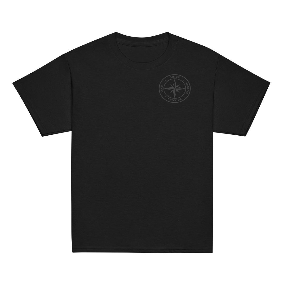 Front of a black youth t-shirt with the printed American Made Dad compass on the chest