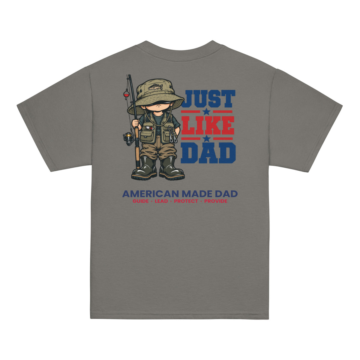 Back of a charcoal youth t-shirt with the Just Like Dad fisherman artwork printed across it
