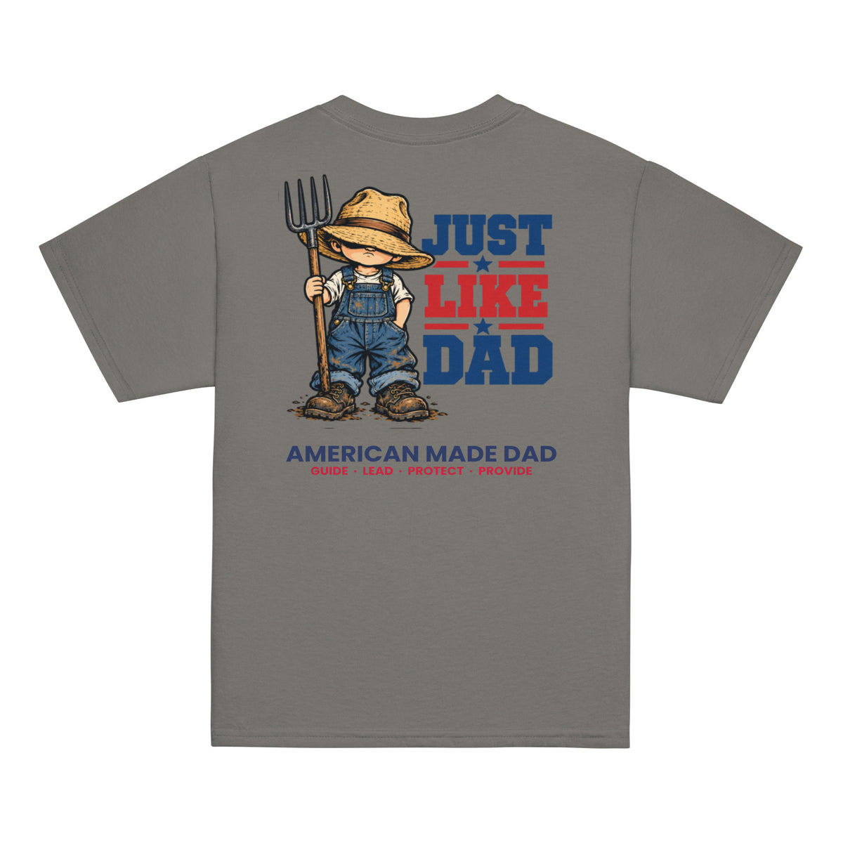 Back of a charcoal youth t-shirt with the Just Like Dad farmer artwork printed across it
